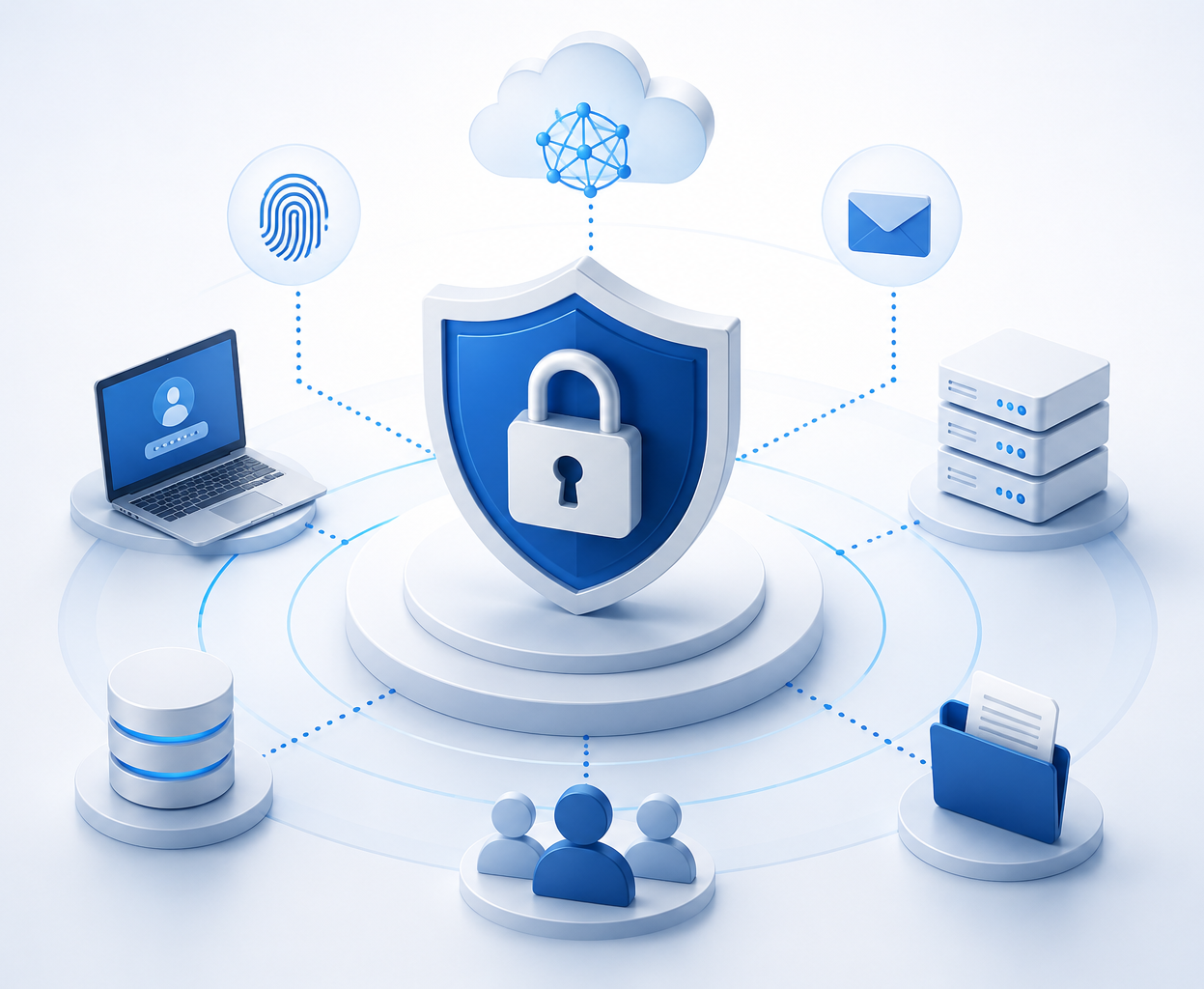 Digital security illustration with shield, lock, laptop, and cloud icons on a light blue background.
